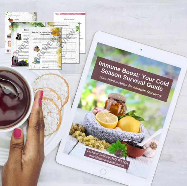 A person browsing an 'Immune Boost: Your Cold Season Survival Guide' on a tablet, with a cup of tea and healthy snacks on the side.