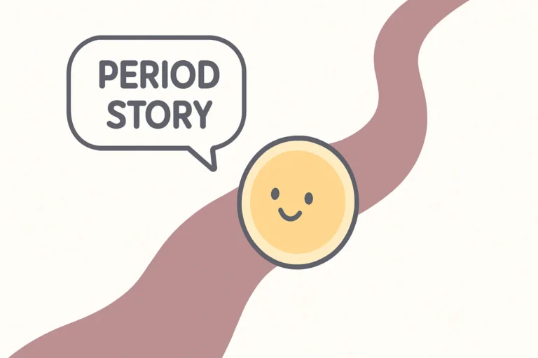Smiling emoji face on a wavy red line with speech bubble reading 'Period Story' – representing menstrual health awareness