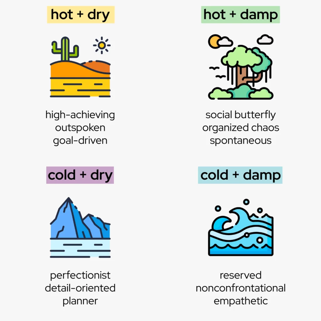 Infographic showing the four constitutional temperaments—hot + dry, hot + damp, cold + dry, and cold + damp—each associated with personality traits and stress responses. Used to guide personalized adaptogen choices such as Reishi, Maca, Ashwagandha, and Shatavari for natural stress relief.